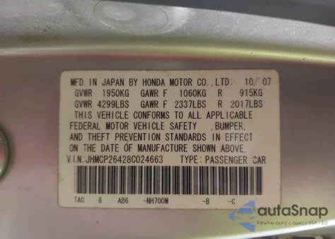 2008 Honda Accord 2.4 Lx-P z USA, uszkodzony, nr VIN JHMCP26428C024663